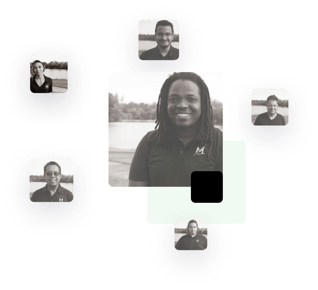 A central photo of a person with four smaller photos of different people surrounding it in a video-like network arrangement, offering a cohesive vision of interconnected relationships.