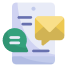Icon of a digital document with chat bubbles, one green with a white line and another yellow with three lines, suggesting communication or messaging within a seamless vision.