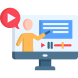 Illustration of a person giving an online presentation, with a speech bubble on a computer screen, capturing the vision of seamless digital communication through video.